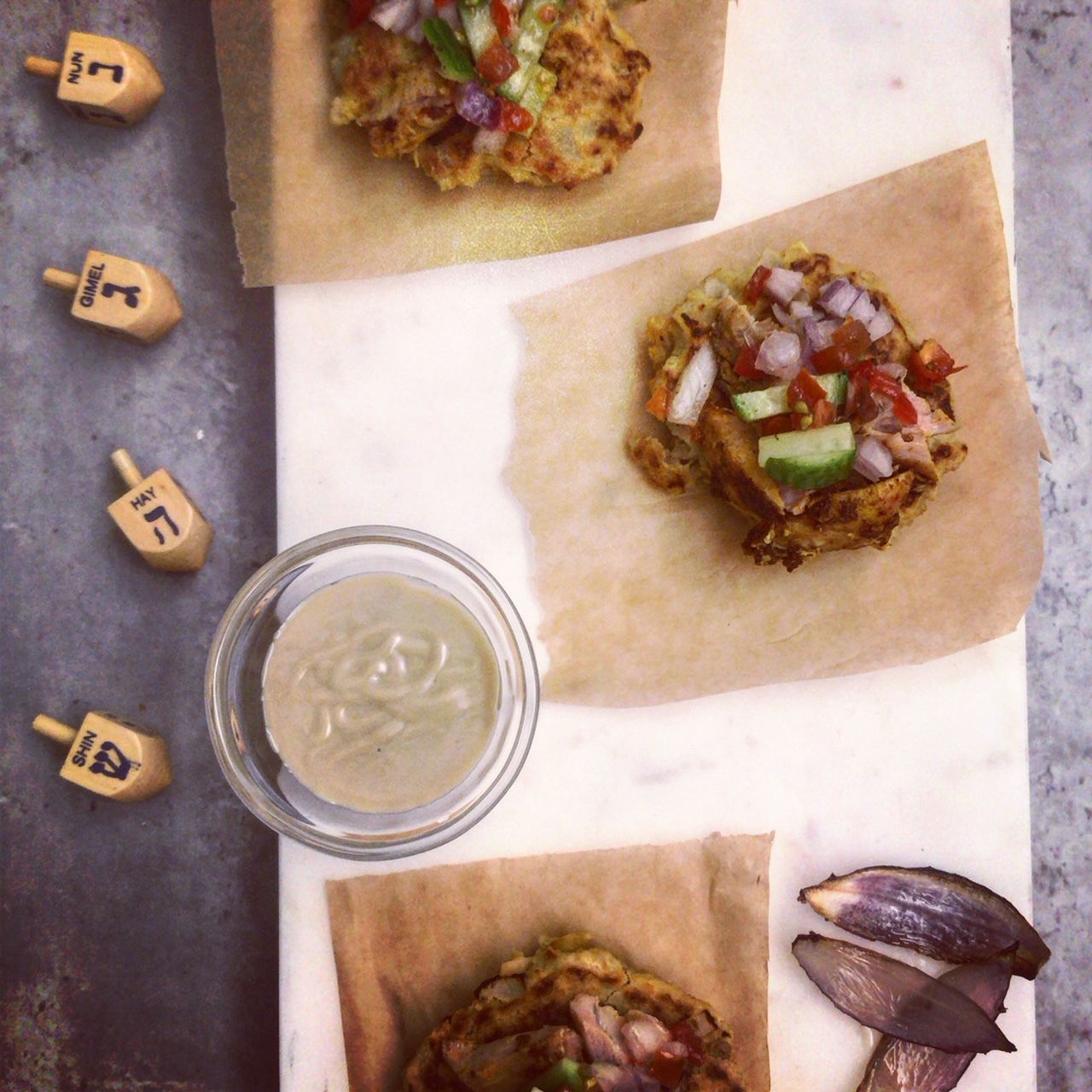 Chickpea “Latkes” Topped With Shawarma Chicken By Vanessa Haberman | @platesandpetals