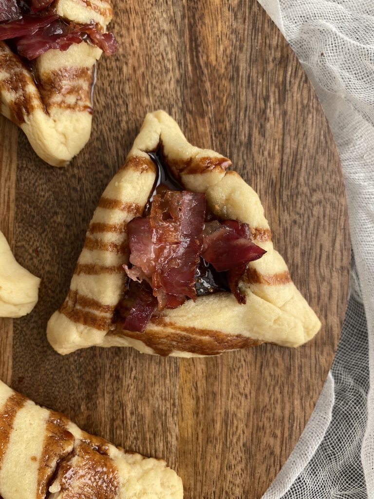 Candied Beef Facon Hamantaschen stuffed with Fig Jam by Nina Safar|@kosherinthekitch